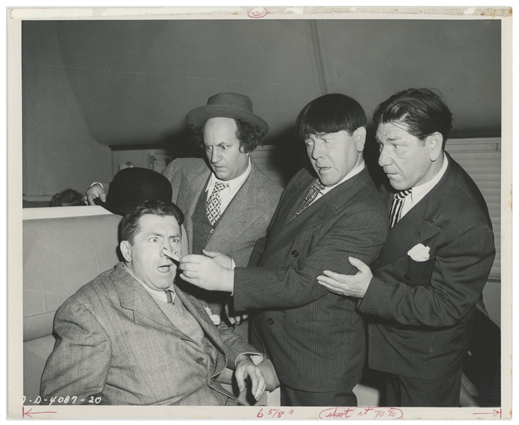 10'' x 8'' Glossy Publicity Still From The Three Stooges' 1947 Film ''Hold That Lion!'', From Curly's Cameo as the Snoring Man in His Last Stooges Film -- With Moe, Curly, Larry & Shemp -- Very Good